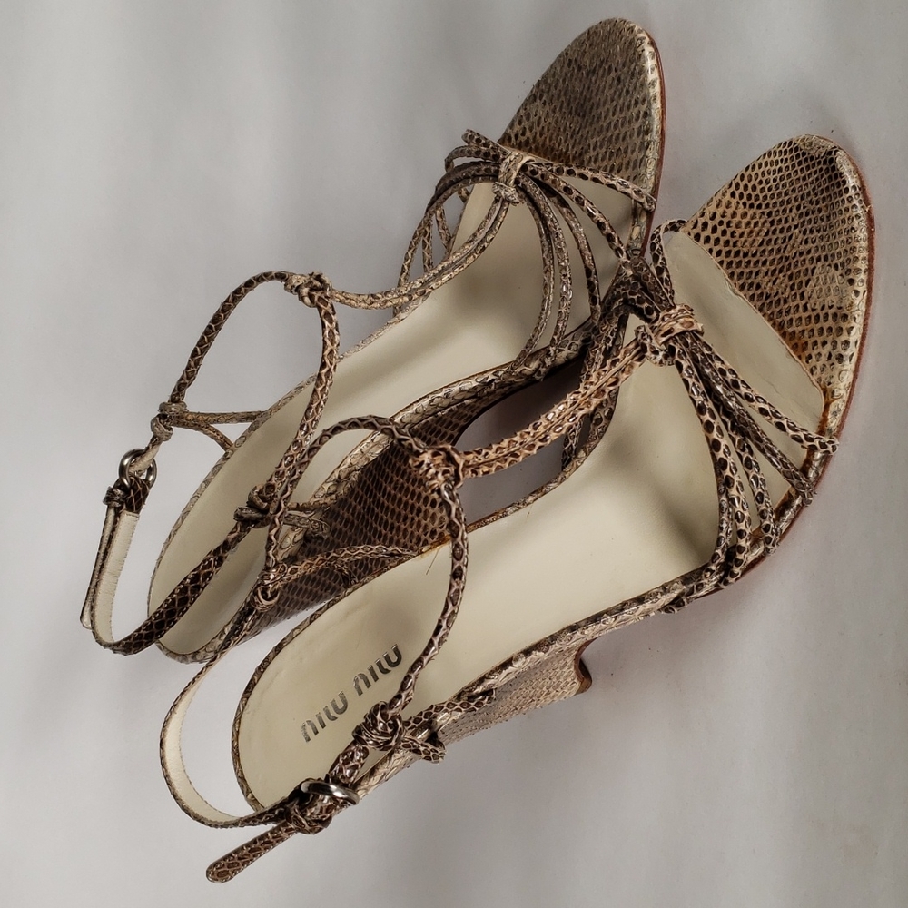 Miu Miu T-Strap Wedge Snakeskin Sandals Women's US 9 EU 39.5